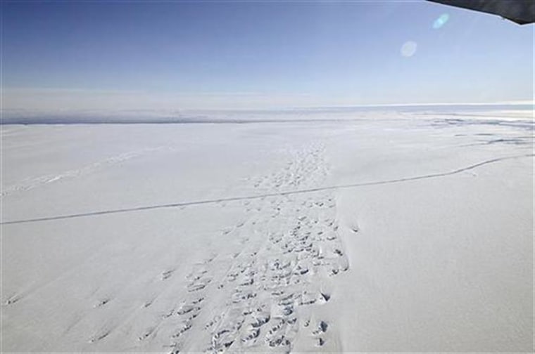 An aerial view of a crack at the Pine Island Glacier ice shelf is seen in western Antarctica