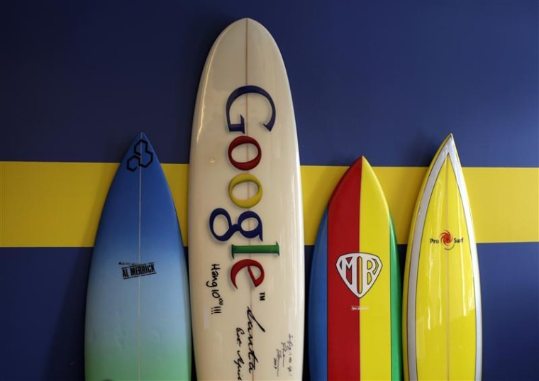 Surfboards lean against a wall at the Google office in Santa Monica