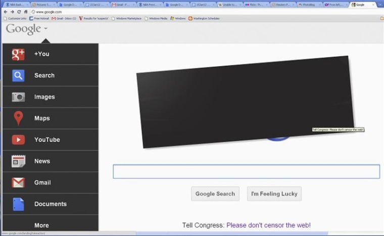 Screenshot shows blacked-out Google homepage in protest against proposed legislation on online piracy