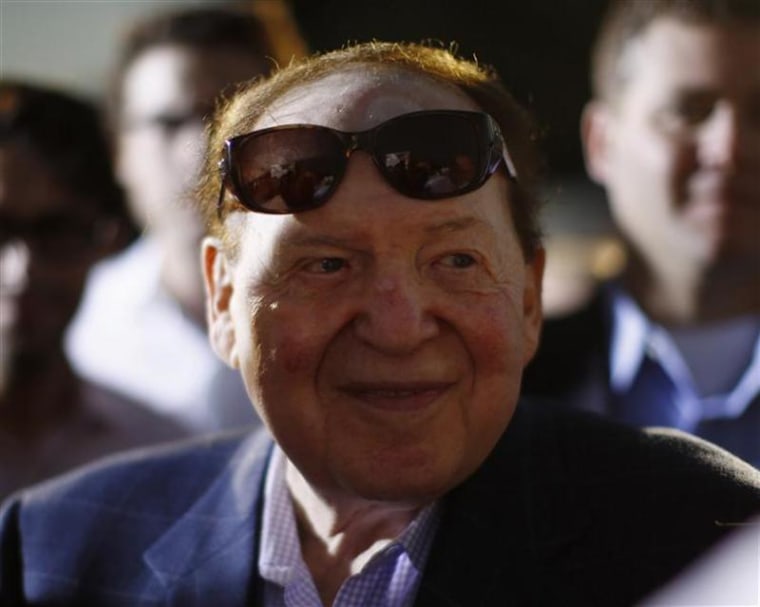 Adelson is pictured after attending U.S. Republican Presidential candidate Romney's foreign policy remarks at Mishkenot Sha'ananim