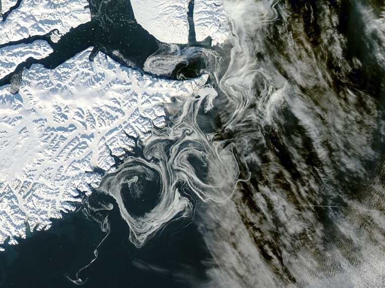 Sea ice of Greenland is pictured as captured by the MODIS instrument on NASA's Aqua satellite in this handout photo