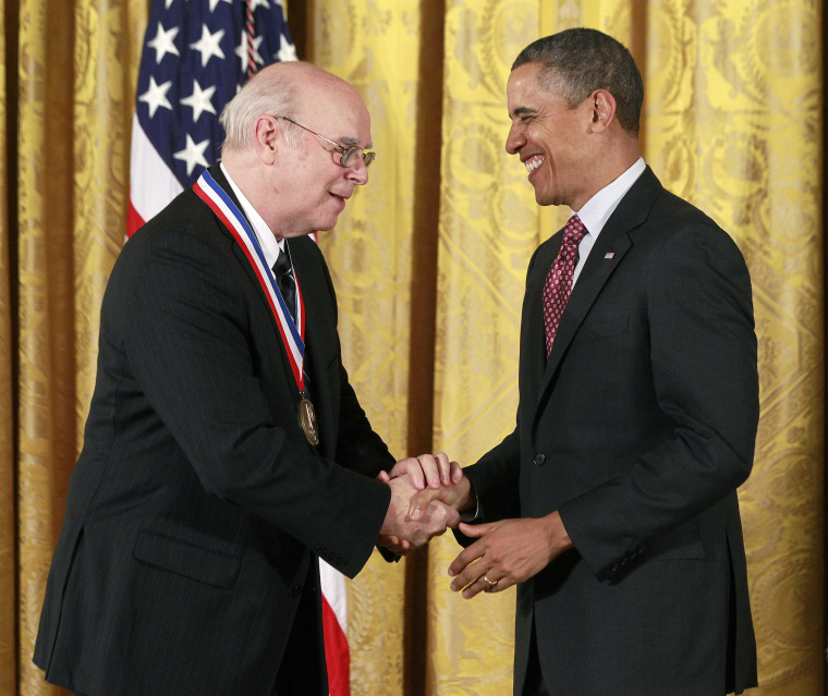 U.S. President Obama shakes hands with National Medal of Technology and Innovation recipient Dr. Norman McCombs from AirSep Corporation during a ceremony in the East Room of the White House in Washington