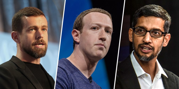 Twitter CEO Jack Dorsey, Facebook CEO Mark Zuckerberg, Alphabet CEO Sundar Pichai.