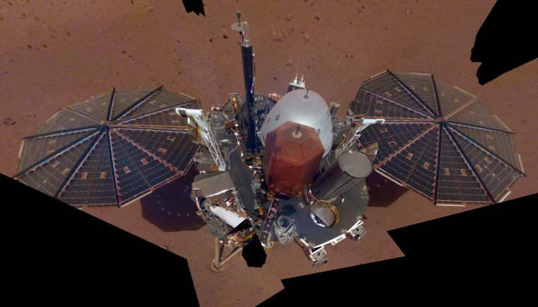 The InSight lander on Mars in 2018. The scene was assembled from 11 photos taken using its robotic arm.