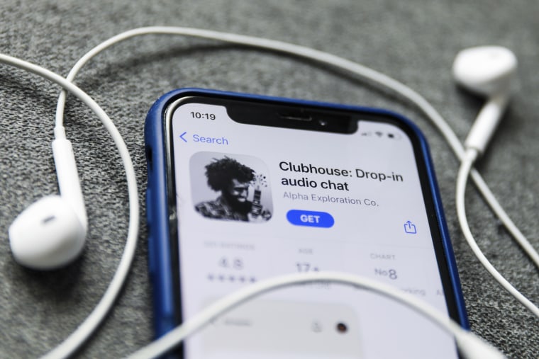 Clubhouse Drop-in audio chat app logo on the App Store displayed on a phone screen.