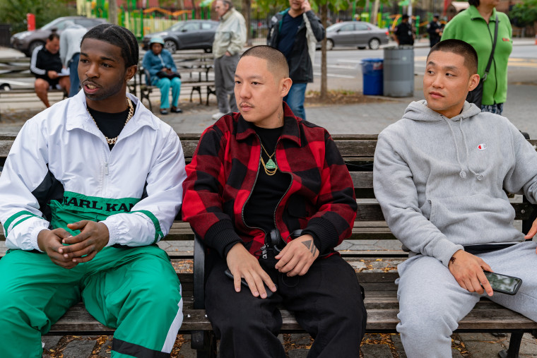 Pop Smoke, director Eddie Huang and actor Taylor Takahashi on the set of their film "Boogie."