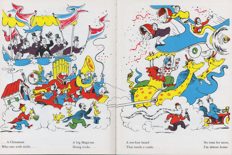 A spread from Dr. Seuss' 1937 book, "And to Think That I Saw It on Mulberry Street," includes an image of an Asian man with yellow skin, slanted eyes and a pigtail, holding a pair of chopsticks and a bowl of rice over the text, "A Chinaman who eats with sticks."