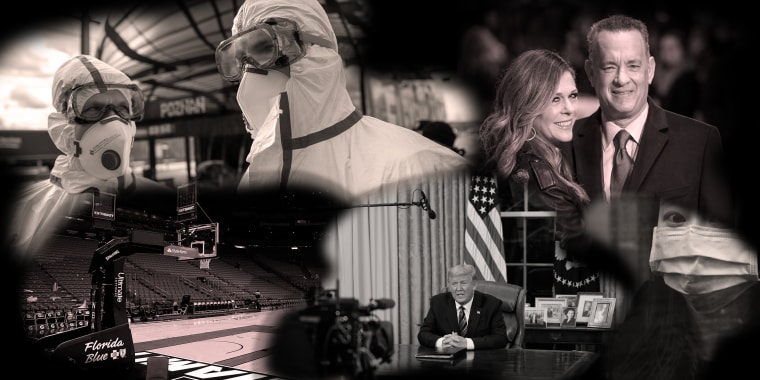 Photo collage of a basketball court, two healthcare workers in protective suits, former President Trump speaking from the Oval Office, Tom Hanks and Rita Wilson and a person wearing a mask.