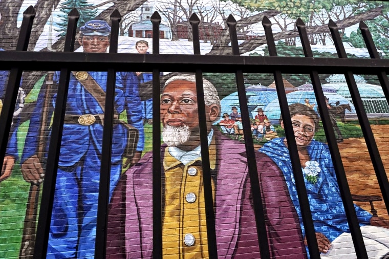 Image: Past Amherst, Mass., area residents Henry Jackson, center, Lt. Frazar Stearns, left, and Anna Reed Goodwin, right, are featured on the Amherst Community History Mural, as seen through the adjacent West Cemetery fence, Friday, Jan. 15, 2021, in Amherst, Mass.