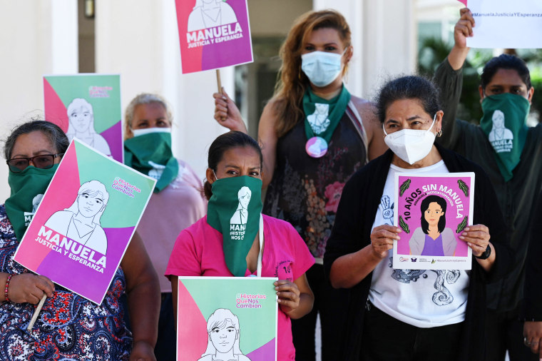 Feminist collective members gather before the screening of the court hearing for the case of Manuela, a Salvadoran woman sentenced to 30 years in prison for a precipitous out-of-hospital birth that was classified as aggravated homicide, in San Salvador, on March 10, 2021.