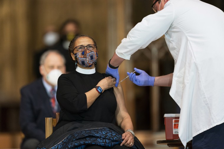 Rev. Patricia Hailes Fears, pastor of the Fellowship Baptist Church in Washington, receives the Johnson and Johnson Covid-19 vaccination on March 16, 2021, in Washington.