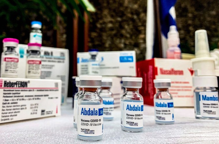 Vials of Cuba's Abdala Covid-19 vaccine candidate during a press conference of the Biotechnological and Pharmaceutical Industries of Cuba in Havana on March 19, 2021.
