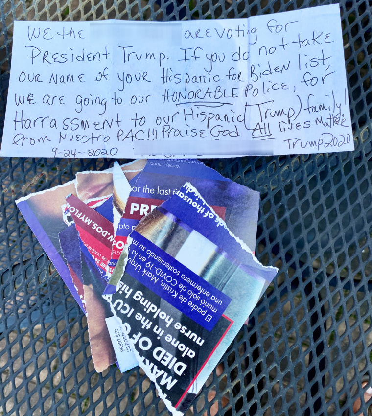 A Hispanic Trump supporter sent back a pro-Biden mailer with a handwritten note dated Sept. 24, 2020, affirming their support for Trump.
