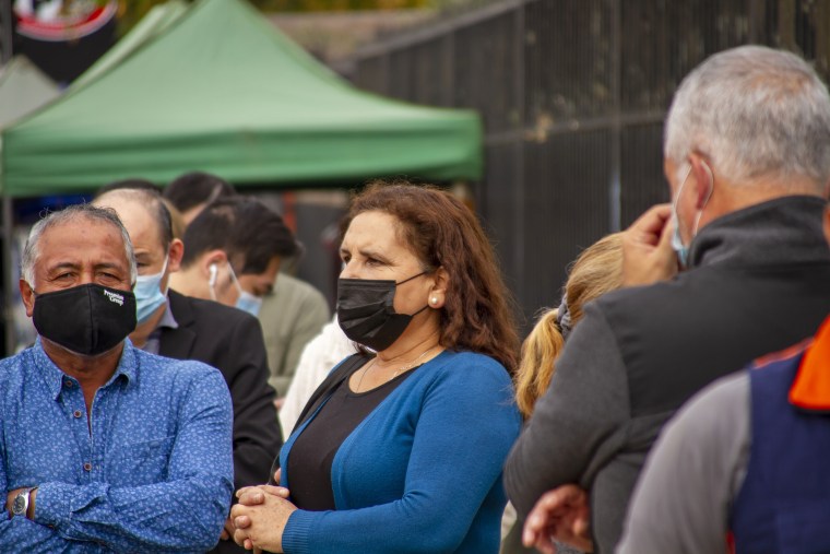 Genoveva  Fernández Rodríguez waits in line to get vaccinated in Santiago, Chile on March 25, 2021.