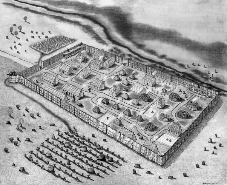 Conjectural drawing of St. Mary’s Fort based on the geophysical survey.