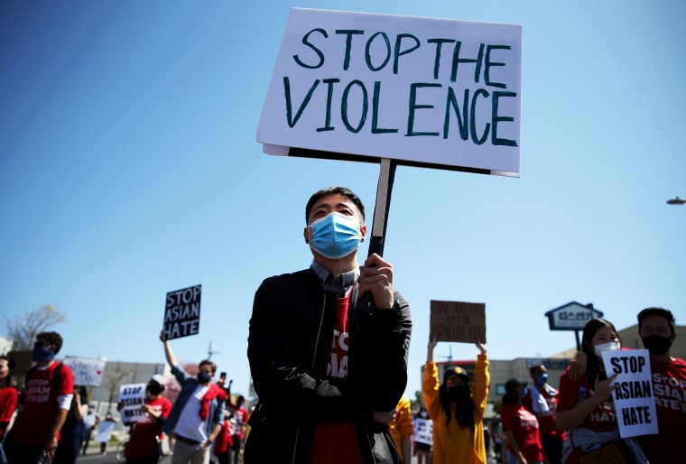 Ryan Lee demonstrates at the 'Stop Asian Hate March and Rally' in Koreatown on March 27, 2021, in Los Angeles.