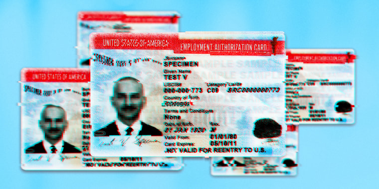 Image: Illustration of U.S. Employment Authorization Cards with glitches and pixelation.