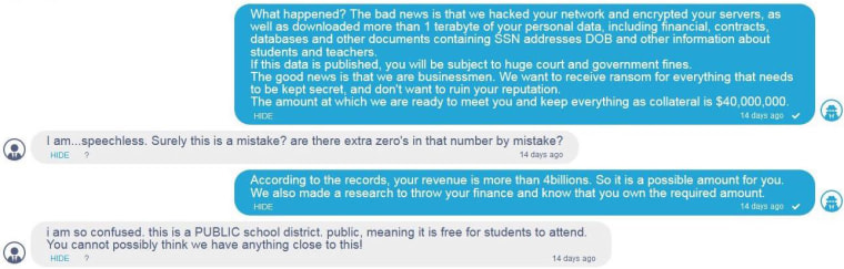 Excerpts of a conversation between a Broward County Public Schools official and a member of a criminal ransomware gang posted to the gang's blog.