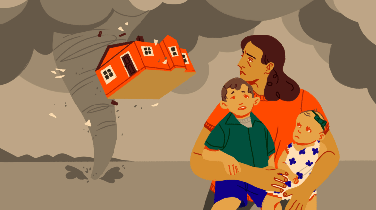 Illustration of a mother shielding her children as a derecho storm lifts up their house.