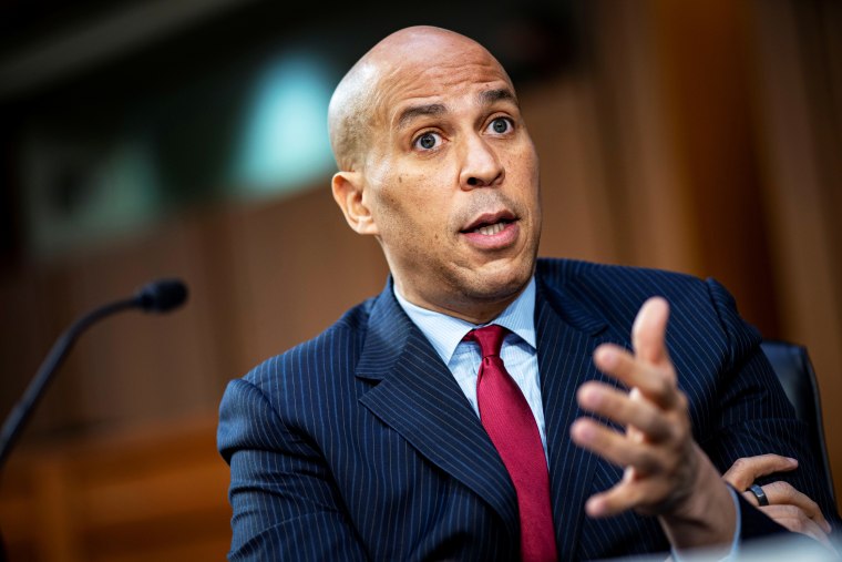 Sen. Cory Booker, D-N.J., speaks during Attorney General nominee Merrick Garland's confirmation hearing on Feb. 22, 2021.