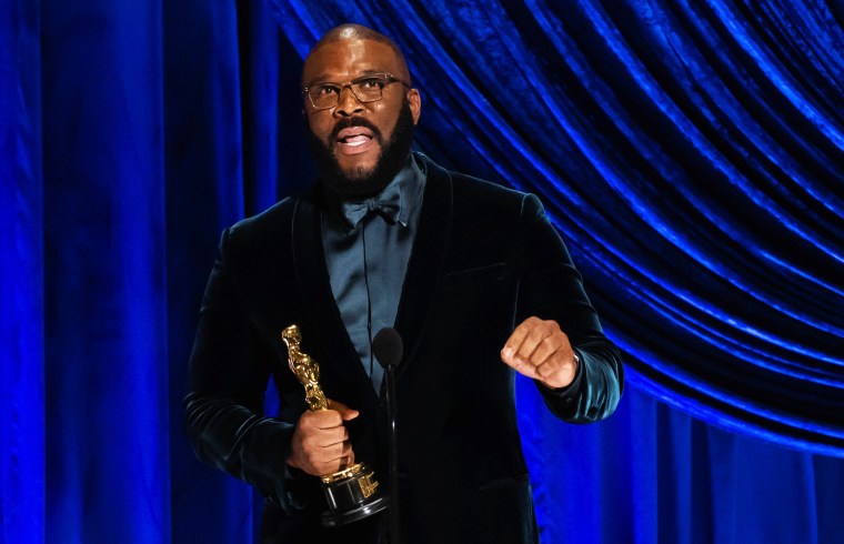 Tyler Perry accepts the Gene Hersholt Humanitarian Award during The 93rd Oscars in Los Angeles on April 25, 2021.