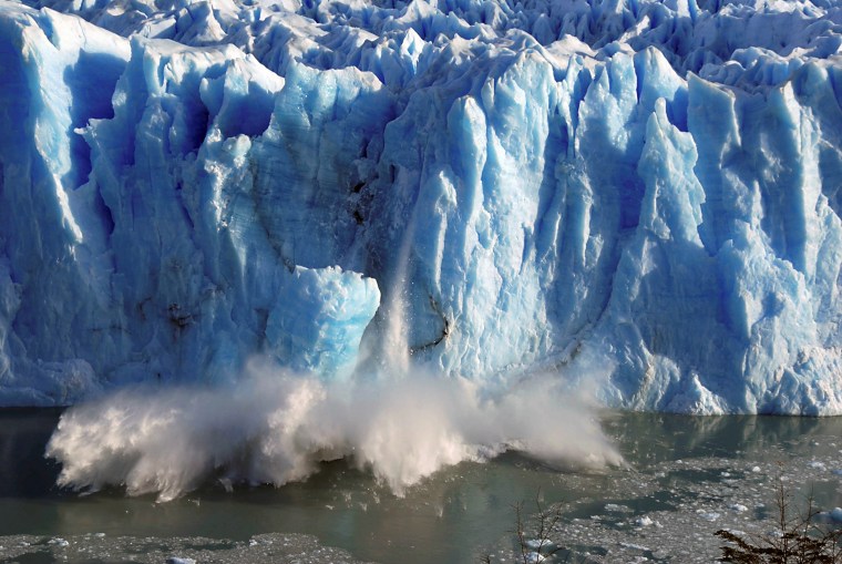 Splinters of ice peel off from the Perito Moreno glacier near the city of El Calafate in the Patagonian province of Santa Cruz, southern Argentina, on July 7, 2008.