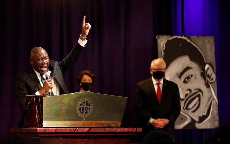 Attorney Ben Crump speaks during the funeral for Daunte Wright, a Black man who was fatally shot by a police officer after a routine traffic stop, at Shiloh Temple International Ministries in Minneapolis on April 22, 2021.