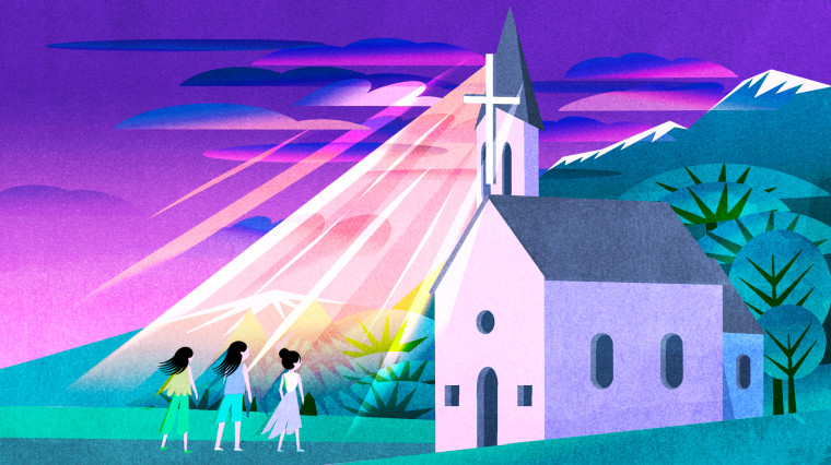 Illustration of three Asian American women standing in front of a Christian church.