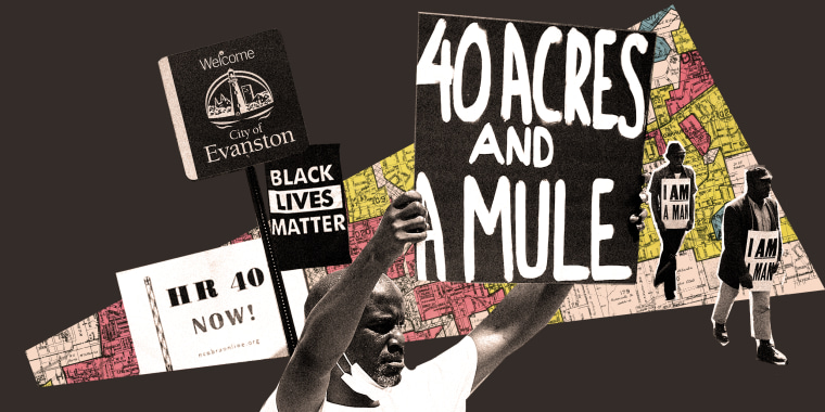 Photo illustration: Person holding up a board that reads," 40 acres and a mule", a board that reads, "HR 40 NOW!", Black Lives Matter flag next to a "Welcome" board for the City of Evanston against a redlining map of Atlanta, and civil rights demonstrators marching while wearing signs which say "I Am A Man".