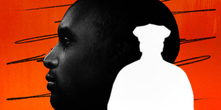 Photo illustration of a Black man's head next to a white silhouette of a police officer with scribbles.