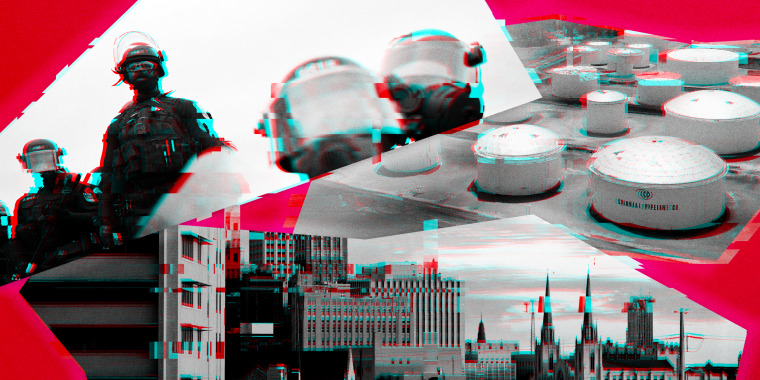 Illustration of the D.C. Metropolitan Police, the Colonial Pipeline, and the city of Tulsa with digital glitching.