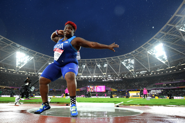 Raven Saunders of the United States competes in the Women's Shot Put final during day six of the 16th IAAF World Athletics Championships at The London Stadium on Aug. 9, 2017 in London.