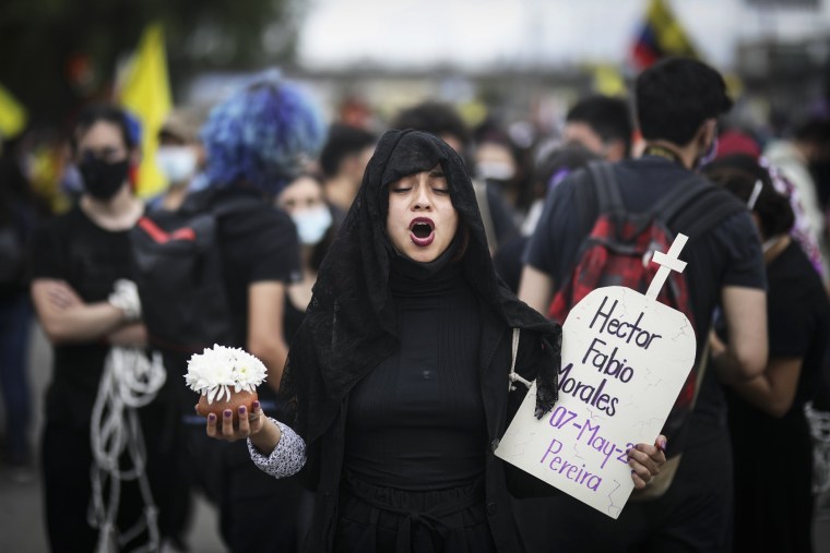 A demonstrator marches during an antigovernmental protest in Bogota, Colombia, on May 12, 2021..