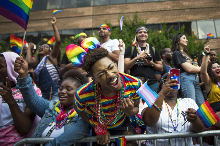 A crowd of people cheer on those participating in the 50th annual Pride parade in Washington on June 8, 2019.