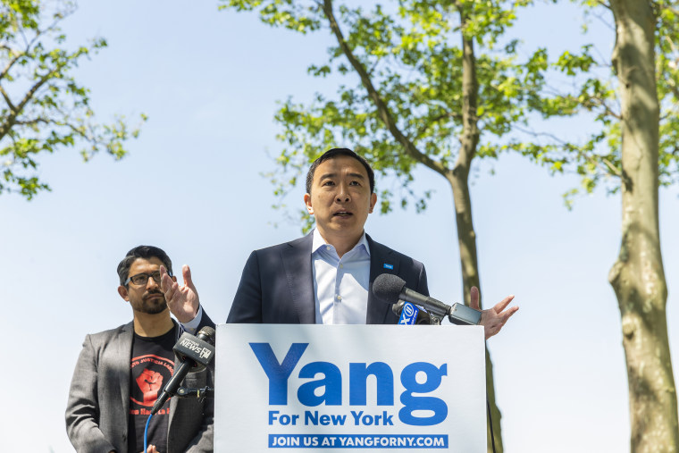 Mayoral candidate Andrew Yang addressed press with council