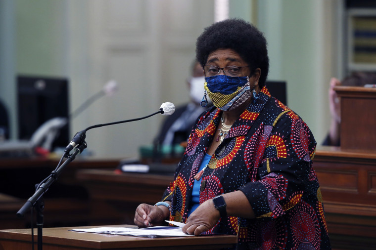 Assemblywoman Shirley Weber, D-San Diego, calls on lawmakers to create a task force to study and develop reparation proposals for African Americans in Sacramento, Calif., on June 11, 2020.