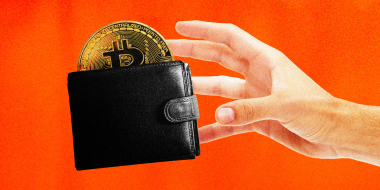 Illustration of a hand grabbing a wallet with a Bitcoin sticking out of it.
