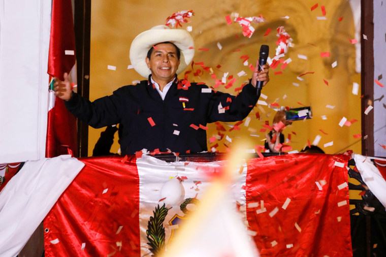 Image: Peru's presidential candidate Pedro Castillo addresses supporters from the headquarters of the "Free Peru" party, in Lima, Peru June 8, 2021.