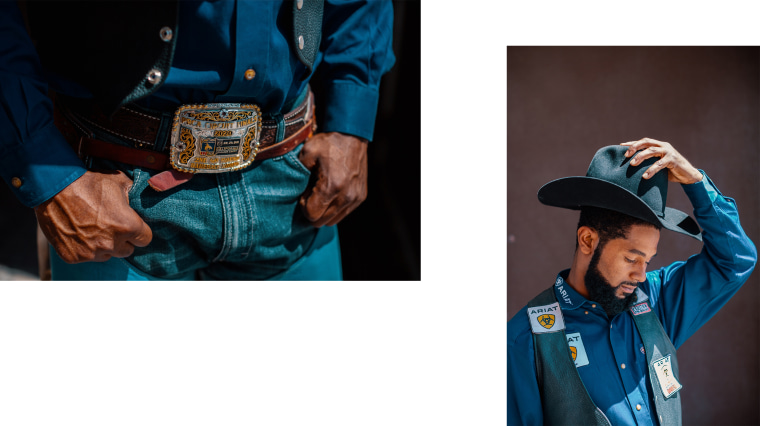 Images of Tre Hosley's belt buckle and Hosley putting on his cowboy hat.