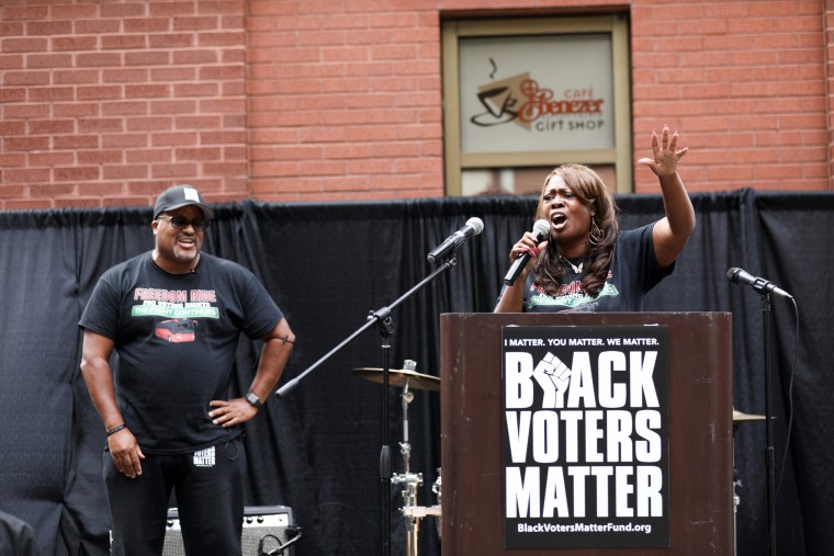 Image: People gather at Ebenezer Baptist Church during a stop on the Freedom Ride For Voting Rights in Atlanta