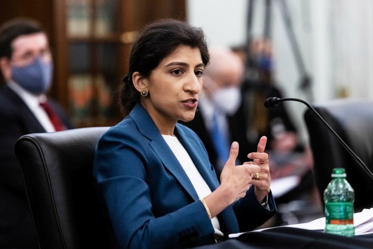 FTC Commissioner nominee Lina M. Khan testifies during a Senate hearing on Capitol Hill on April 21, 2021.