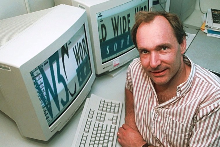 Tim Berners-Lee, 43, director of the World Wide Web Consortium at the Massachusetts Institute of Technology in Cambridge, Mass., in his office June 1, 1998.