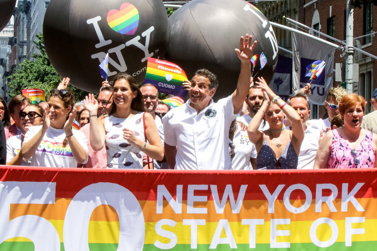 Andrew Cuomo with his daughters Michaela, Mariah and Cara are seen at the World Pride NYC  parade on June 30, 2019 in New York.