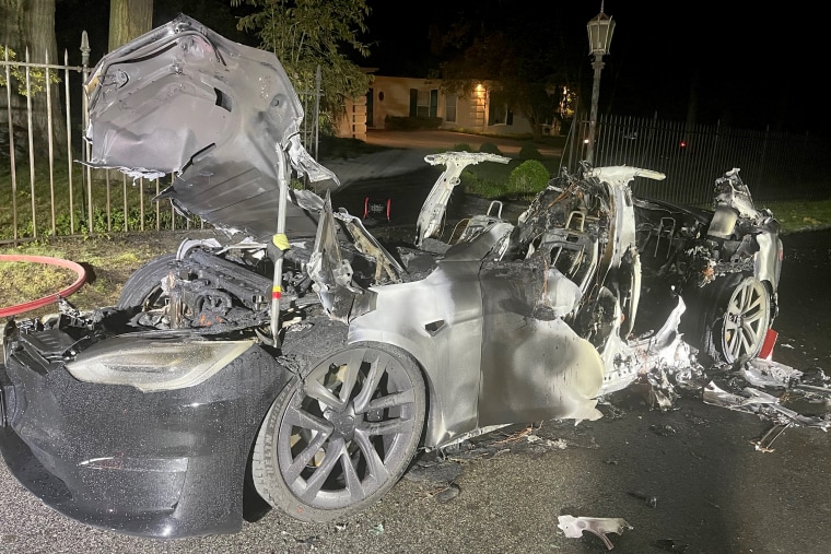 This Tesla Model S Plaid caught fire while the driver was at the wheel, according to a local fire department chief and attorneys representing the driver, on June 29, 2021, in Haverford, Pa.