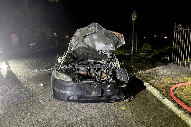This Tesla Model S Plaid caught fire while the driver was at the wheel, according to a local fire chief and attorneys representing the driver, on June 29, 2021, in Haverford, Pa.