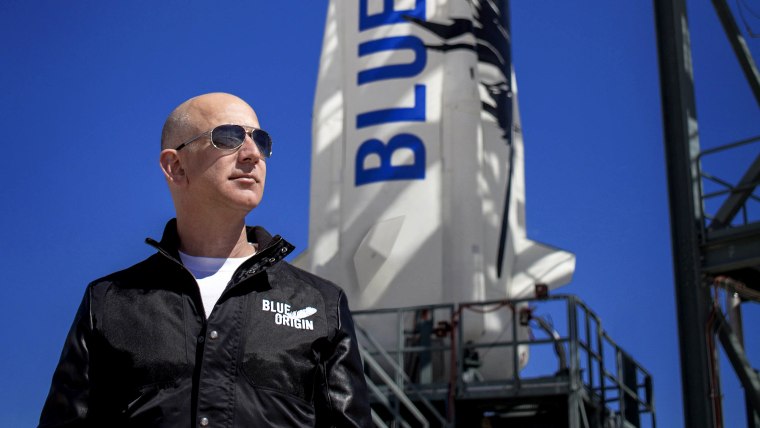Jeff Bezos, founder of Blue Origin, inspects New Shepard’s West Texas launch facility before the rocket’s maiden voyage.