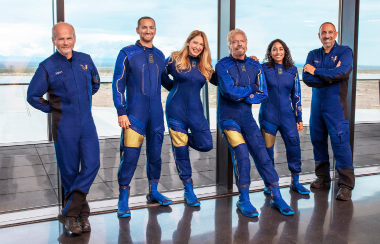 Virgin Galactic Unity22 Crew Dave Mackay, Chief Pilot; Colin Bennett, Lead Operations Engineer; Beth Moses, Chief Astronaut Instructor; Richard Branson, Founder Virgin Galactic; Sirisha Bandla, Vice President of Government Affairs and Research Operations; and Michael Masucci, Pilot.