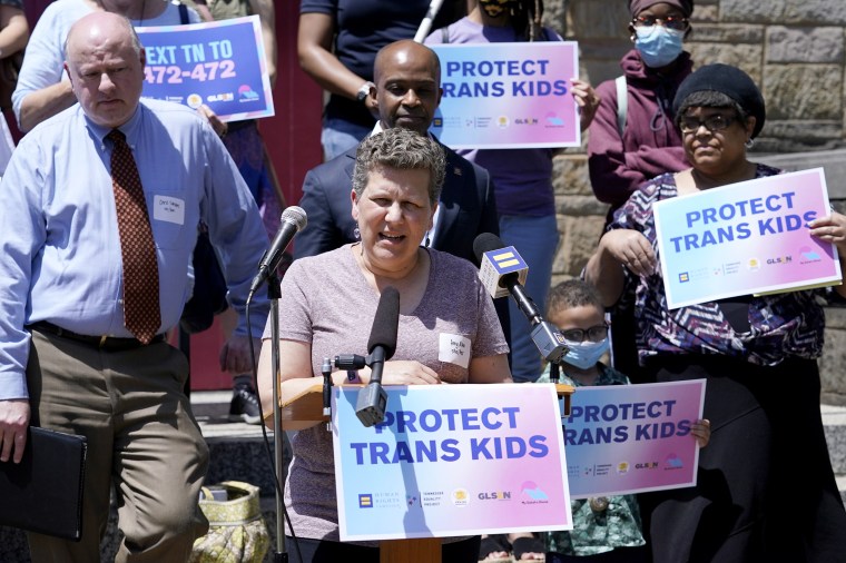 Amy A., the mother of an 8th grade transgender son, speaks after a Human Rights Campaign round table discussion on anti-transgender laws on May 21, 2021, in Nashville, Tenn.