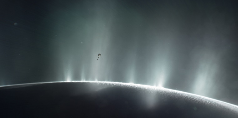 This illustration shows Cassini diving through the Enceladus plume in 2015.