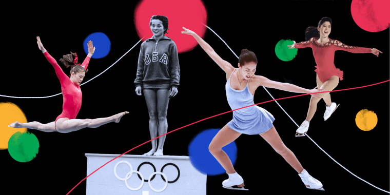 Photo illustration: Gymnast Amy Chow, diver Victoria Manalo Draves, figure skaters Michelle Kwan and Kristi Yamaguchi.
